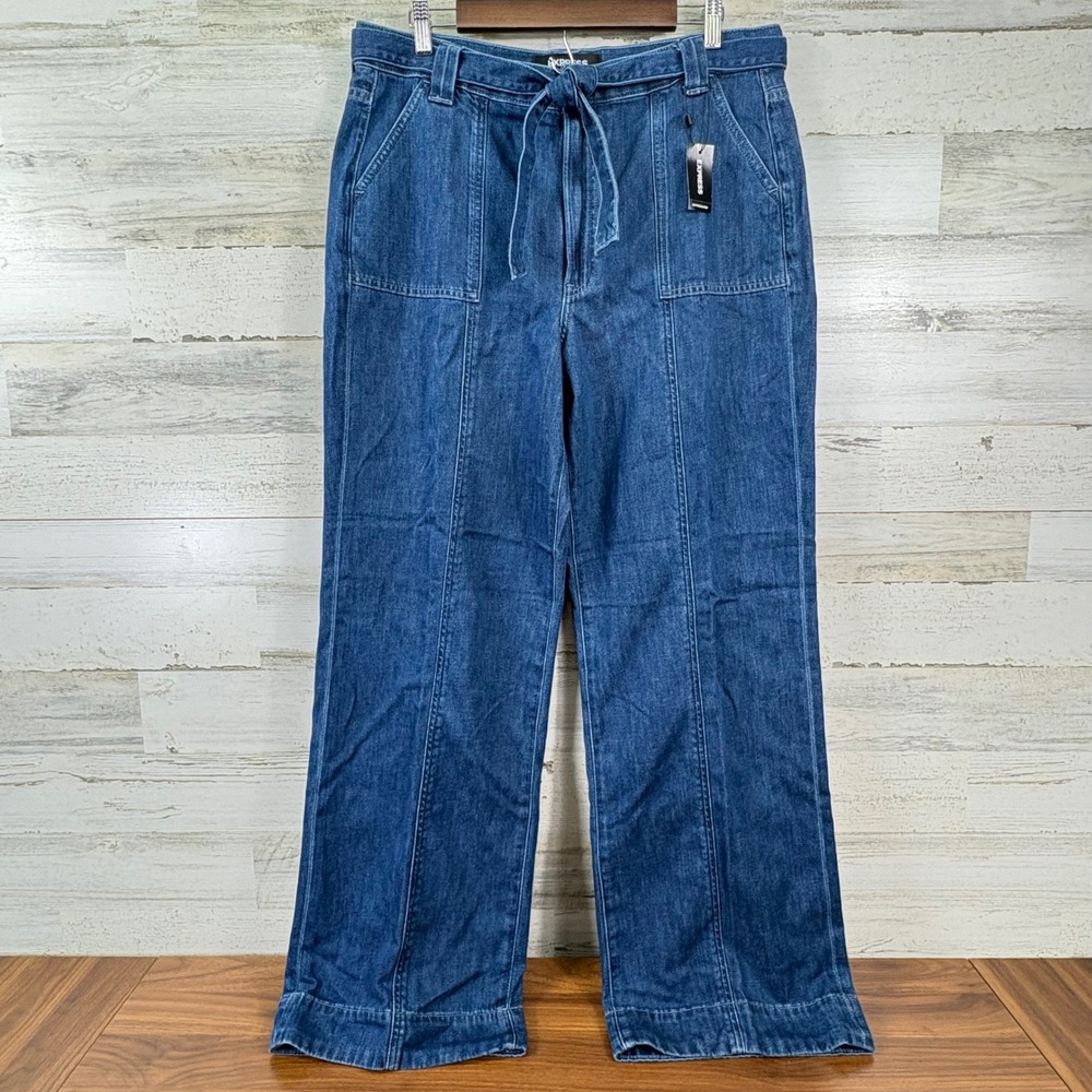 Express Jeans Women 14R Blue NEW Wide Leg High Rise Tie Waist Utility Denim